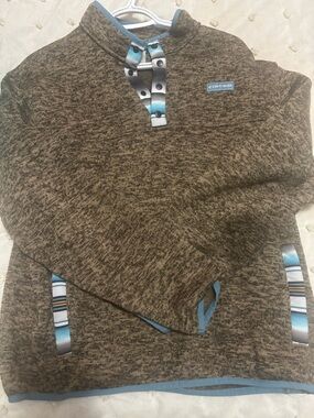 Cinch youth or small women’s Brown Heather Zip-Style Sweater with Blue Trim